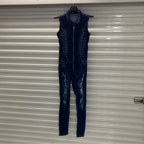 Denim Sleeveless Jumpsuit - Picture 1 of 11